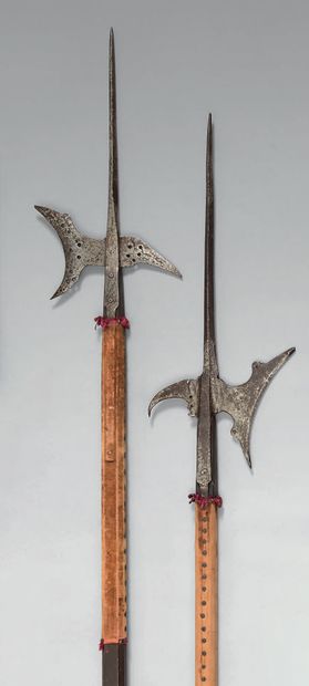 null Two wrought-iron halberds, square-section pikes, cut-out irons, pierced with...