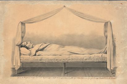  Dessin au crayon et aquarelle représentant l'Empereur Napoléon Ier sur son lit de...