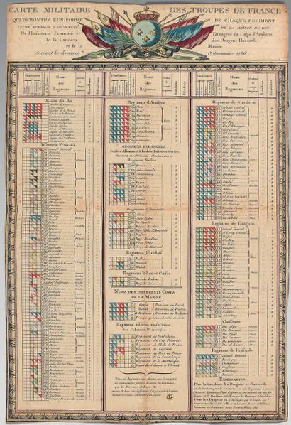  Printed and watercoloured chart: "MILITARY MAP OF THE TROOPS OF FRANCE, which shows...