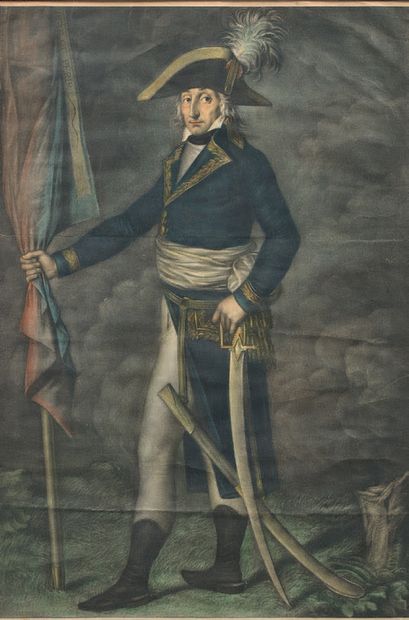  Large aquatint in colours : Le général Augereau, drawn by Hilaire Le Dru and engraved...