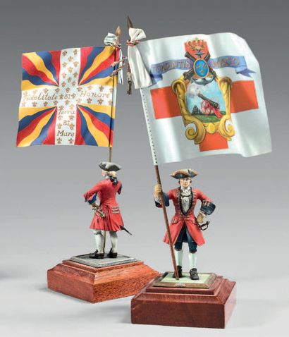 null Onze figurines en plomb, peinture fine: porte-drapeaux de la marine, infanterie...