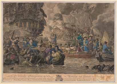 null Grande gravure aquarellée: scène de marine, célèbre combat naval, pendant la...