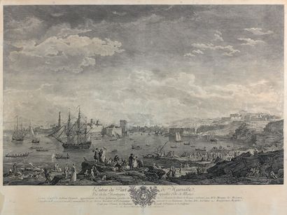 null Gravure: L'entrée du port de Marseille, 1760, cartouche aux armes de France;...