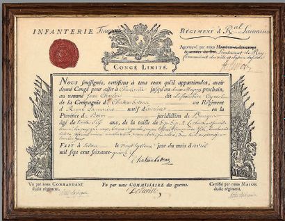 null Congé limité: "Infanterie, régiment royal la marine" décerné à Jean Charles...