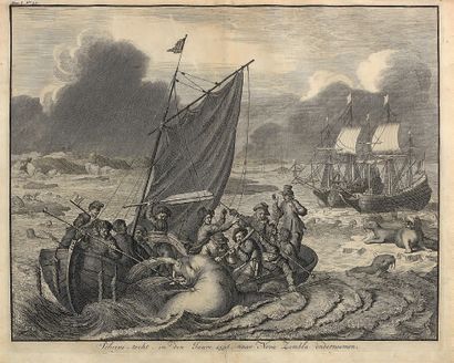 null Gravure hollandaise: Scène de marine, chasse aux morses, datée: "1596"; cadre...