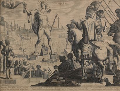 null Gravure: "Colossus solis", Hercule posant un pied sur l'Europe et un sur l'Afrique;...