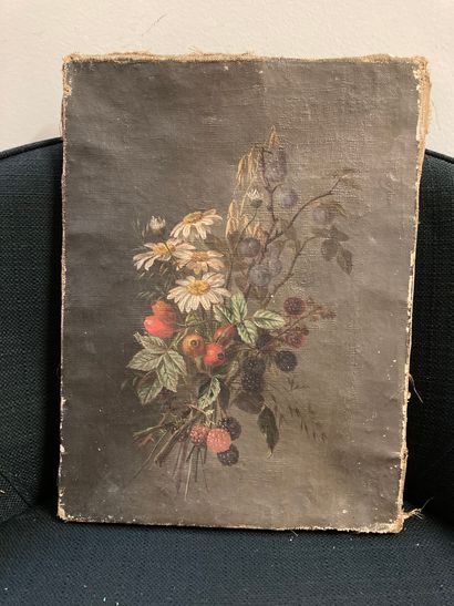 null Ecole ITALIENNE du début du XIXe siècle. Bouquet de fleurs et de fruits. Sur...