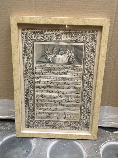 null Lot of engravings and frames: scores, Slave with umbrella, Owl, study of furniture...