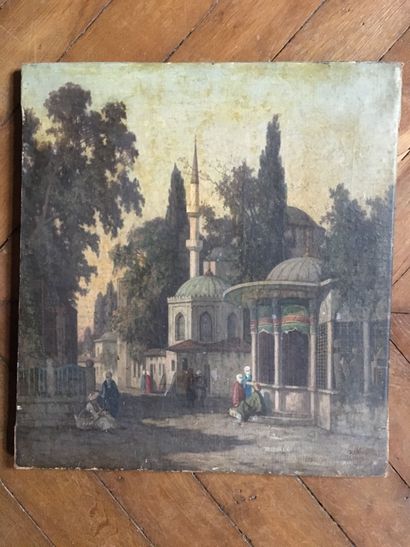 null Ecole orientaliste fin du XIXe, -Vue d'une rue animée près d'une mosquée-Huile...