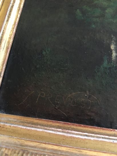 null Ecole française du XIXème-Personnage dans un sous-bois-Huile sur carton, signée...