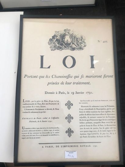 null 
Lot de 3 encadrés : Lois et Ordonnance du Roi. Une sérigraphie signée de Girard...