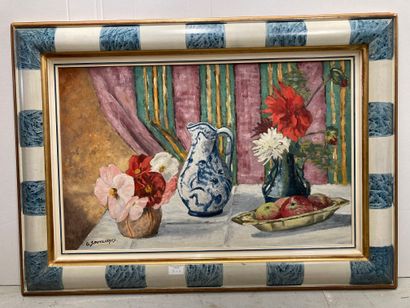 null 2 framed : Bouquet signed down left G. Sauclières. Oil on cardboard. 48 x 75...