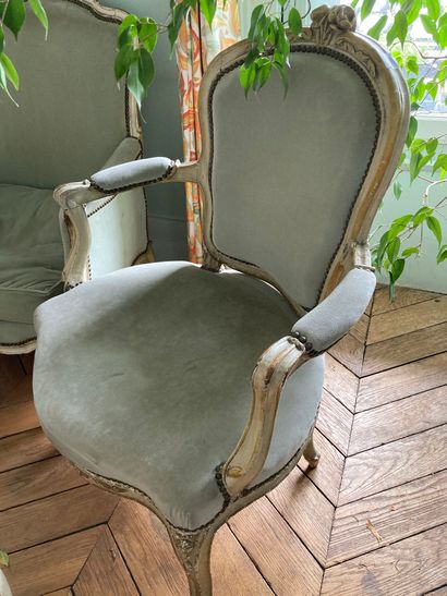 null Lot including : a Louis XV style lacquered armchair with almond velvet upholstery...