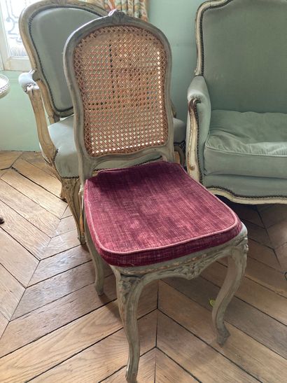 null Lot including : a Louis XV style lacquered armchair with almond velvet upholstery...