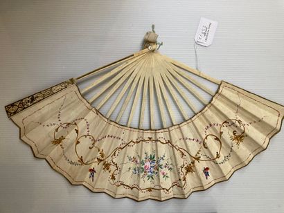 null Fan, bone frame, canvas and paper leaf decorated with woman and children, birds...