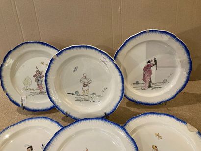 null CREIL. Seven earthenware plates, decorated with picturesque characters (accidents,...