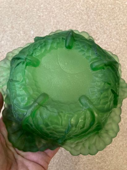  Glassware lot: green molded glass candy dish in the shape of a cabbage, crystal...