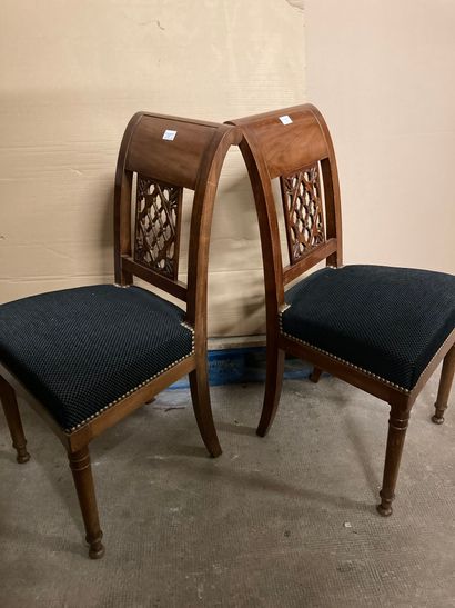 null A pair of mahogany and mahogany veneer chairs ; the backs inverted with scrolls...