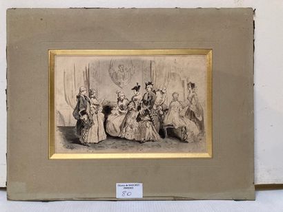 null Ink and wash drawing representing a living room scene in the 19th century. Signed...
