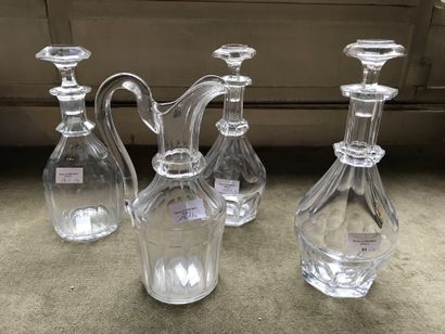 3 crystal decanters and 1 ewer with cut sides...