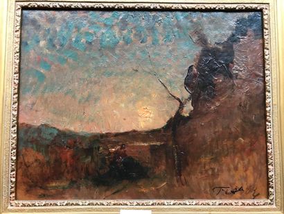  School of the end of the 19th century 
Landscape of twilight 
Oil on cardboard signed...