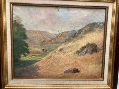 null 3 framed : Woman in a landscape of heather and river bank. Oil on panel signed...