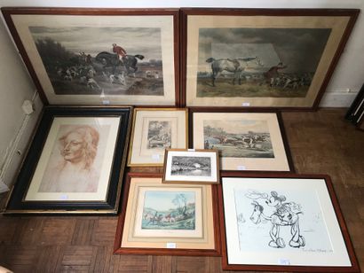 Lot of framed pictures with hunting theme,...