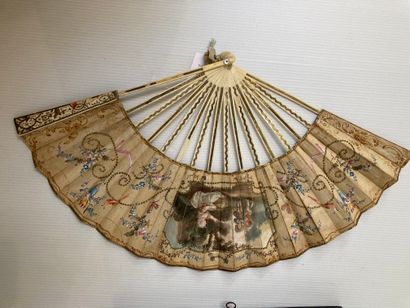 null Fan, bone frame, canvas and paper leaf decorated with woman and children, birds...