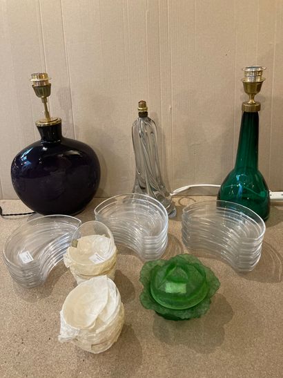null Glassware lot: green molded glass candy dish in the shape of a cabbage, crystal...