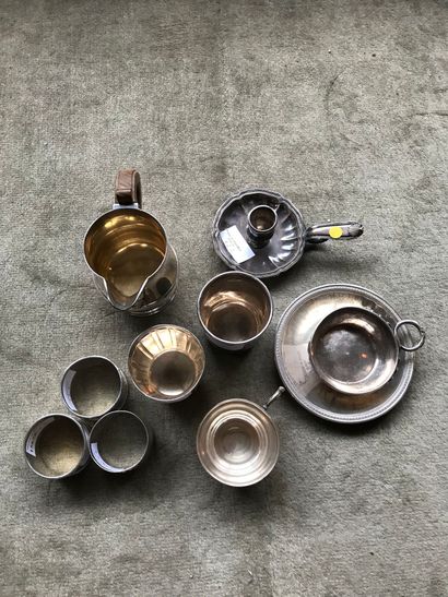 Silverware lot : 
Cup and saucer, hand torch, 3 napkin rings, 2 tumblers, 1 wine...
