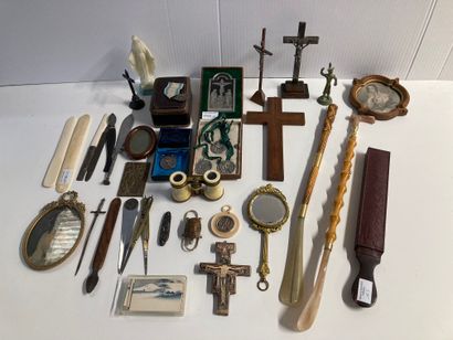 null Set of crucifixes, shoehorns, letter openers, theatre binoculars, compasses,...