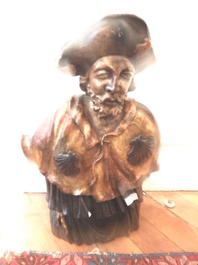  Buste de Saint Jacques de Compostelle en bois relaqué et redoré 
Espagne XVIIIème...