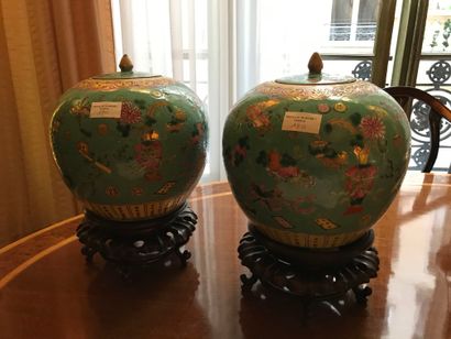 CANTON 
Pair of ginger pots and bases 
Turquoise...