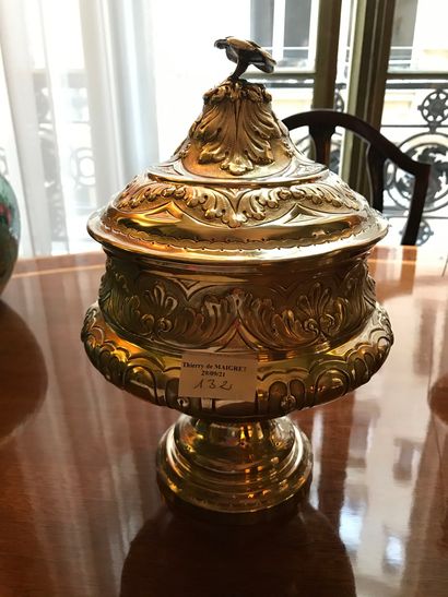 Silver covered pot on pedestal 
Decorated...