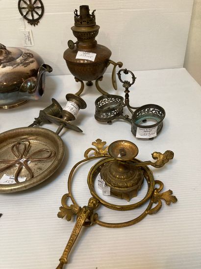  Lot of various metal pieces : saleron, christ, candlesticks, torch, teapot, small...
