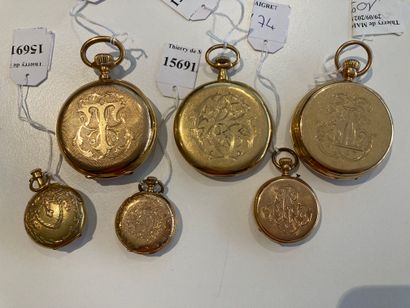 null Three gold pocket watches and three gold collar watches

gross weight 289g

Lot...