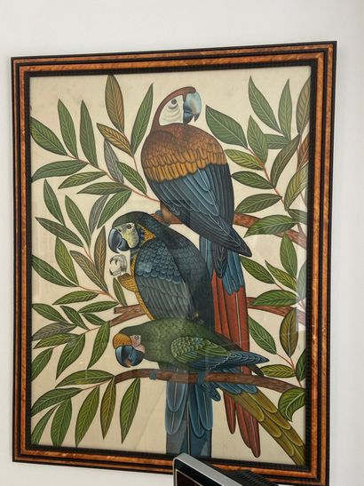 null Suite de trois gouaches sur textile représentant des oiseaux branchés

74 x...