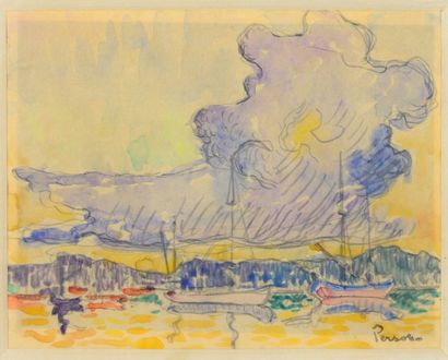 null Henri PERSON (1876 - 1926) - Nuages sur Saint Tropez - Aquarelle sur traits...