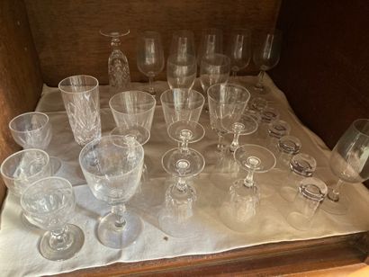 null Une mannette de verrerie diverse : verres carafes, bouchons, partiede service...