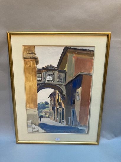 null Framed view of a covered footbridge, bears a signature Marc AYNARD, 46X33 cm

frame...