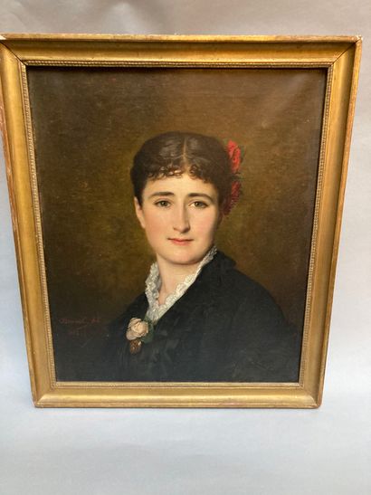 null HST Portrait de femme à la rose portant signature en bas à gauche Brunel 1882...