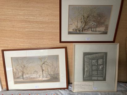 null Deux aquarelles,représentant des paysages et datées 1987,on y joint une gravure...