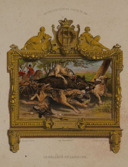 null The boar's throw. Bear hunting. Stag at rest. Set of 3 engravings, two of them...