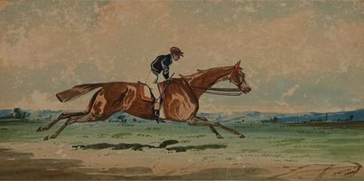 null Johnny AUDY (act. 1850-1880). Galloping race. Watercolour on paper signed lower...