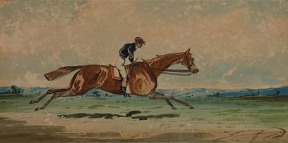 null Johnny AUDY (act. 1850-1880). Course de galop. Aquarelle sur papier signée en...