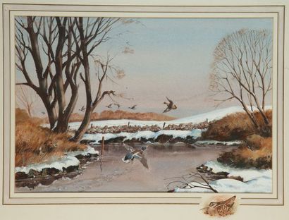 null REN ISHERWOOD. Les canards au-dessus de la rivière en hiver. Gouache sur papier...