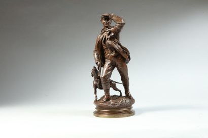 null Jules MOIGNIEZ (1835-1894). Chasseur et son chien. Bronze à patine brune signé...