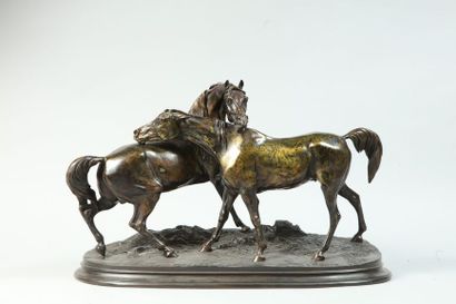 null Pierre Jules MENE (1810-1879). L’accolade. Bronze à patine brune nuancé signé...
