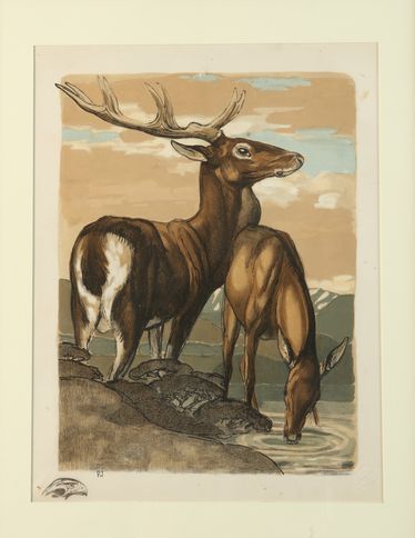 null Paul JOUVE (1878-1973). Cerf et biche. Lithographie originale en couleur sur...