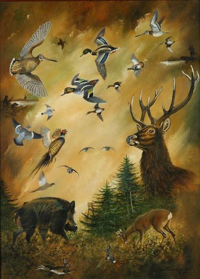 null Jean Claude LESTRINGANT. Hunting animals in Sologne. Oil on canvas signed and...